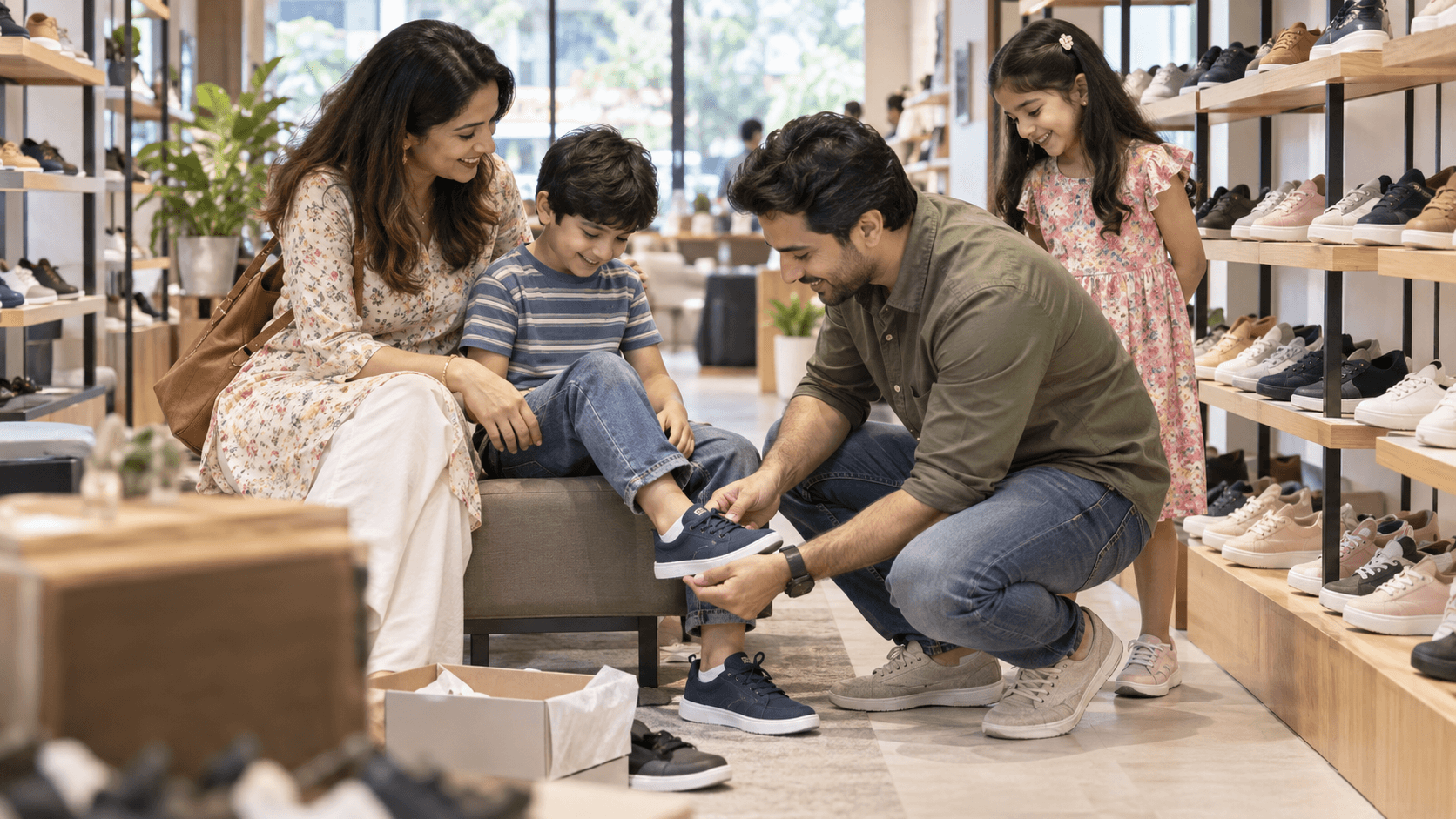 A family fitting shoes together at Ansary Footwear